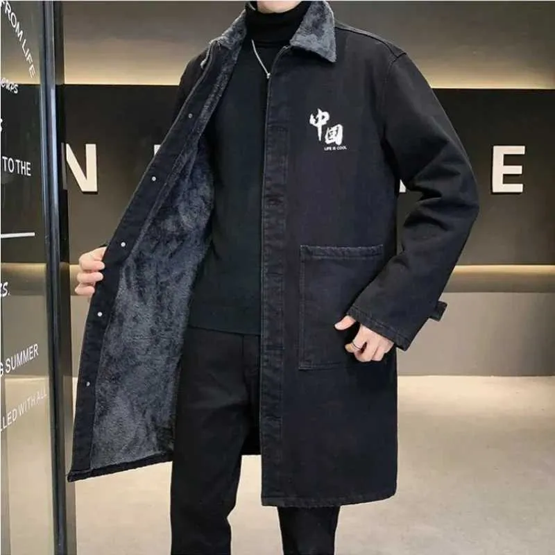 Mens denim trench coat large-sized cashmere and wool thick autumn