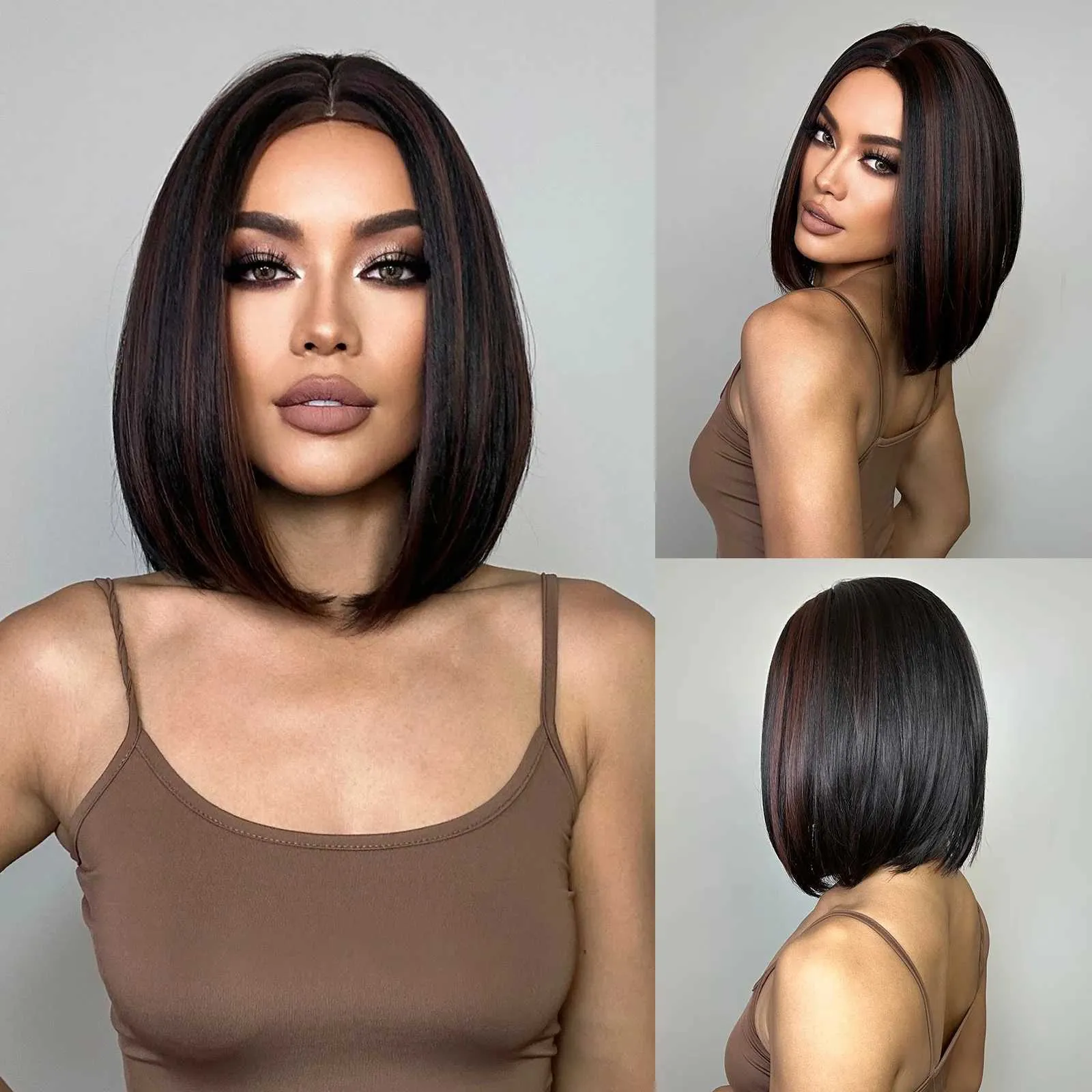 Short Straight Bob Wig: Black & Brown Highlight, Natural  display picture 2