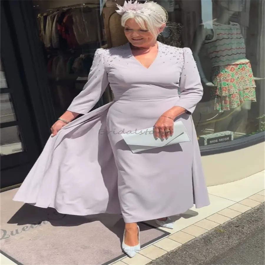 Elegant Lilac of bride 2023 with Sleeves and V-Neck Satin - Perfect for Wedding Guests, Evening Parties, and Groom Mom - Beaded - Modern Style - -