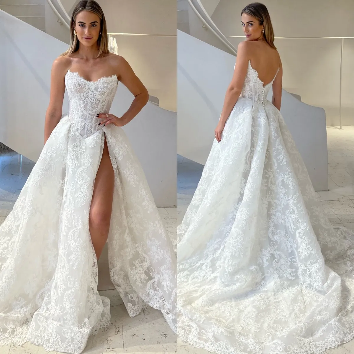 Gorgeous Lace A Line Wedding Dresses Bone Bodice Strapless