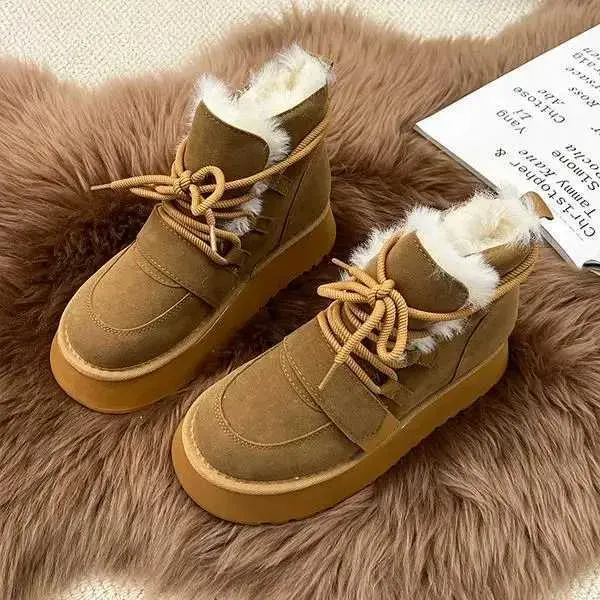 Womens Round Toe Rubber Snow Boots Womens With Lace Up Flat