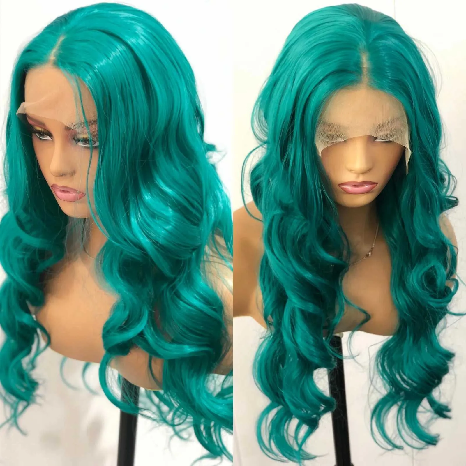 XJ241008 Teal Green Synthetic Lace Front Wigs For Women Long 