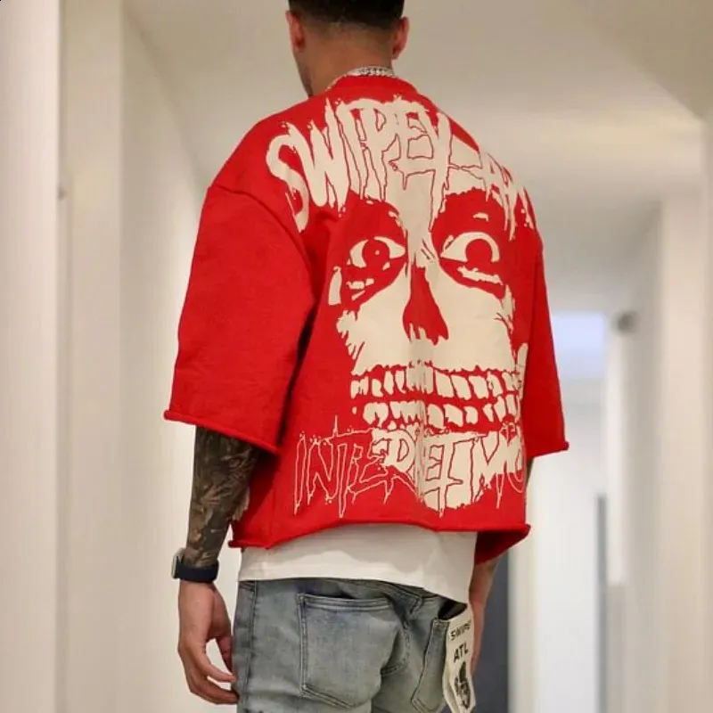 ERL23ss SKULL PRINT CROPPED T−SHIRT Vintage Skull Print Polyester Cropped T-Shirt Men Women Short