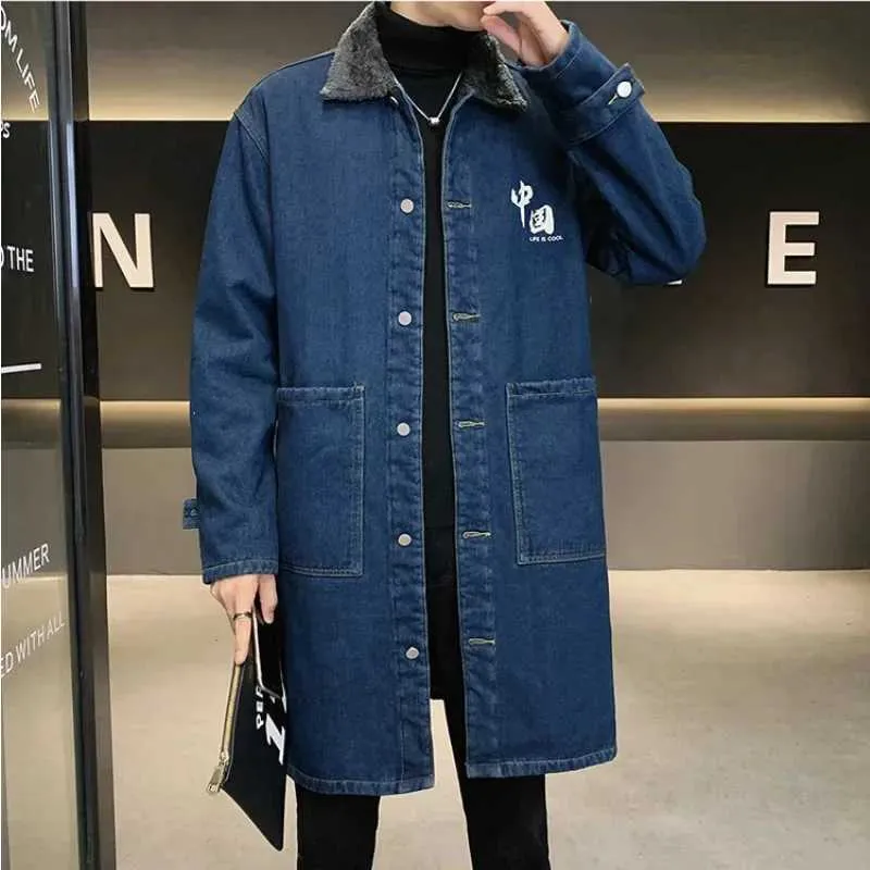 Mens denim trench coat large-sized cashmere and wool thick autumn