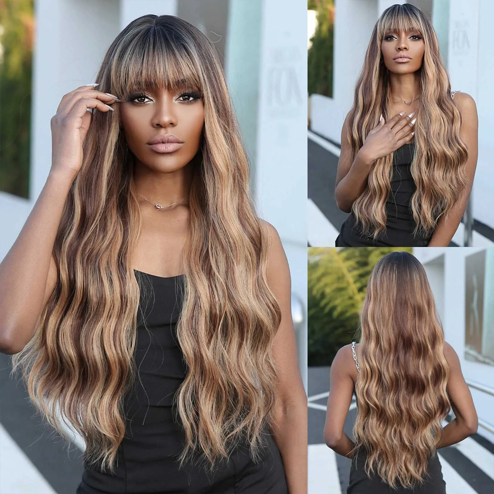 Curly Long Brown Highlighted Synthetic Wig w Bang S75a6595f95ec43ae9fe2c7e66f7a4  main image 2