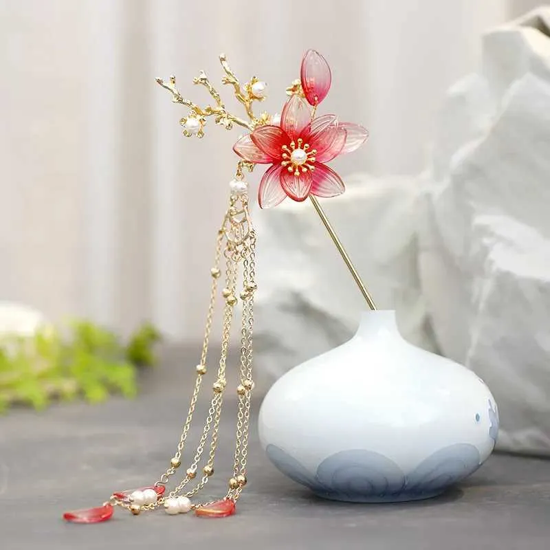 Gold Red Pearl Tassel Hair Stick: Chinese Wedding Hair  display picture 2