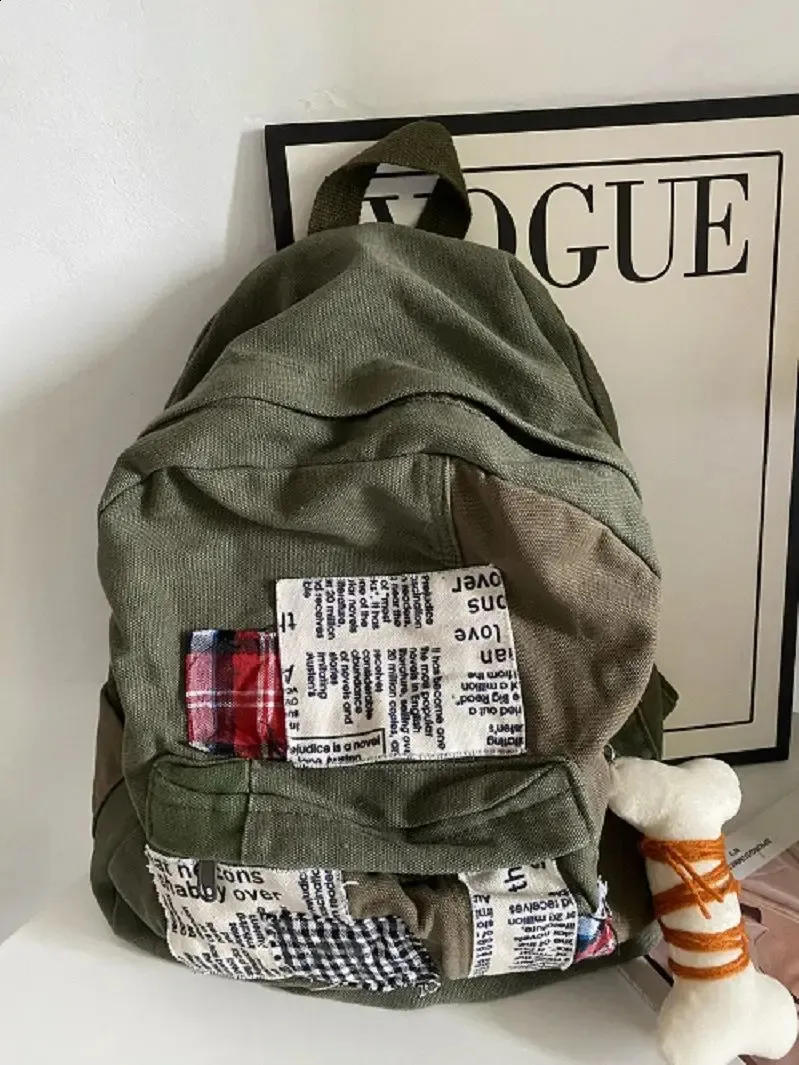 JIAERDI Green Canvas Rucksack: Y2K Grunge Backpack For Women