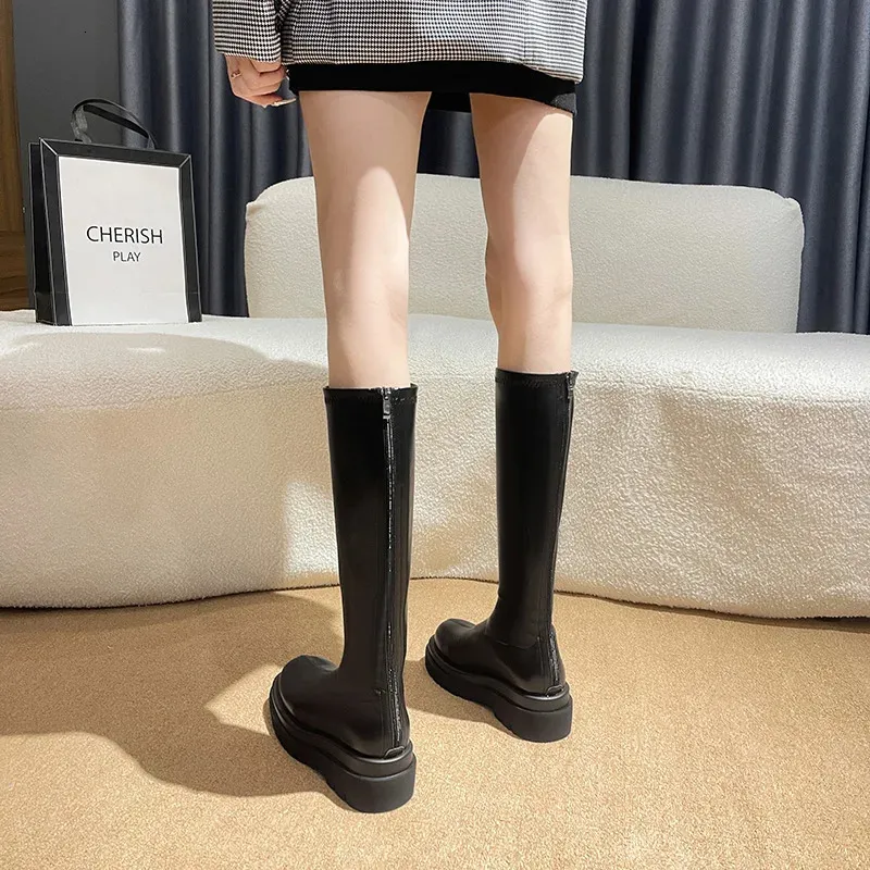 Plateau-Stiefel für Damen, kniehoch, modisch, bequem, warm gefüttert, Herbst/Winter, lange Stiefeletten, Modell 240929_voghion.com