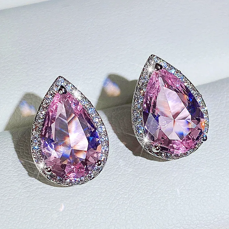 Luxuriöse Ohrringe aus 925er Sterlingsilber mit Diamanten, klassischem Wassertropfen-Design und rosa Zirkonia, funkelnde Kristall-Ohrstecker, Schmuck für Hochzeiten und Partys_voghion.com