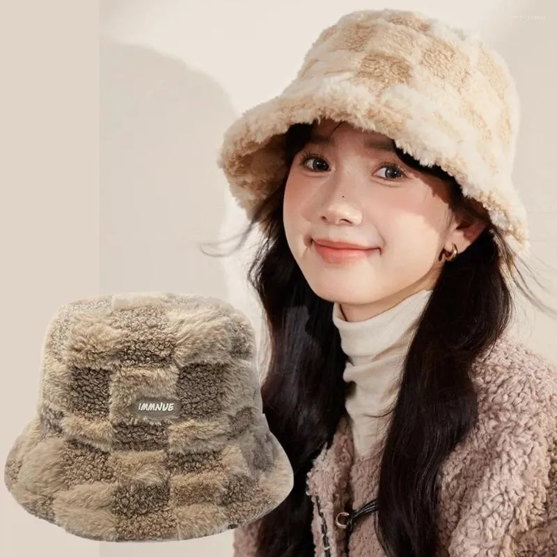 Plaid Plush Faux Fur Bucket Hat: Stylish Women's Winter Windproof Cap