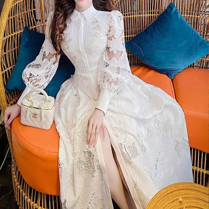 Luxury Women Lace Embroidery Dress Spring Summer Long Sleeve White Wedding Evening Party Hollow Out Vestido Dresses White / M Luxury Women Lace Embroidery Dress Spring Summer Long Sleeve White Wedding Evening Party Hollow Out Vestido Dresses White / M