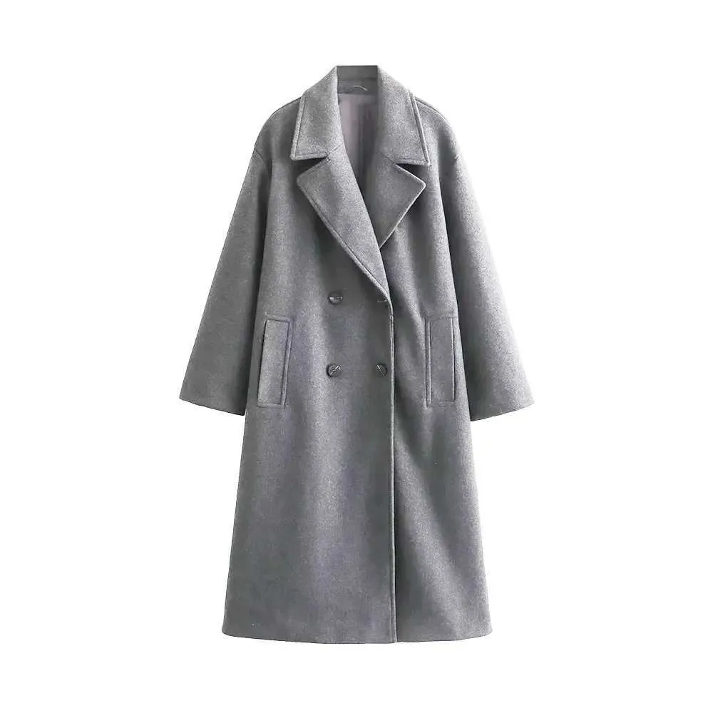 TRAF Womens Soft Oversized Wool Coat Long Sleeve Woolen Overcoat