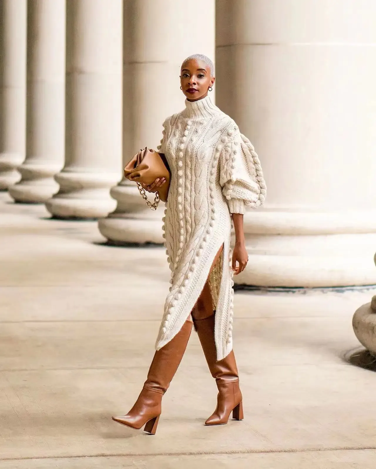 chiffon turtleneck dress autumn womens long sleeved turtle neck knitted dress sexy high score style sweater casual warm thick for women 241007