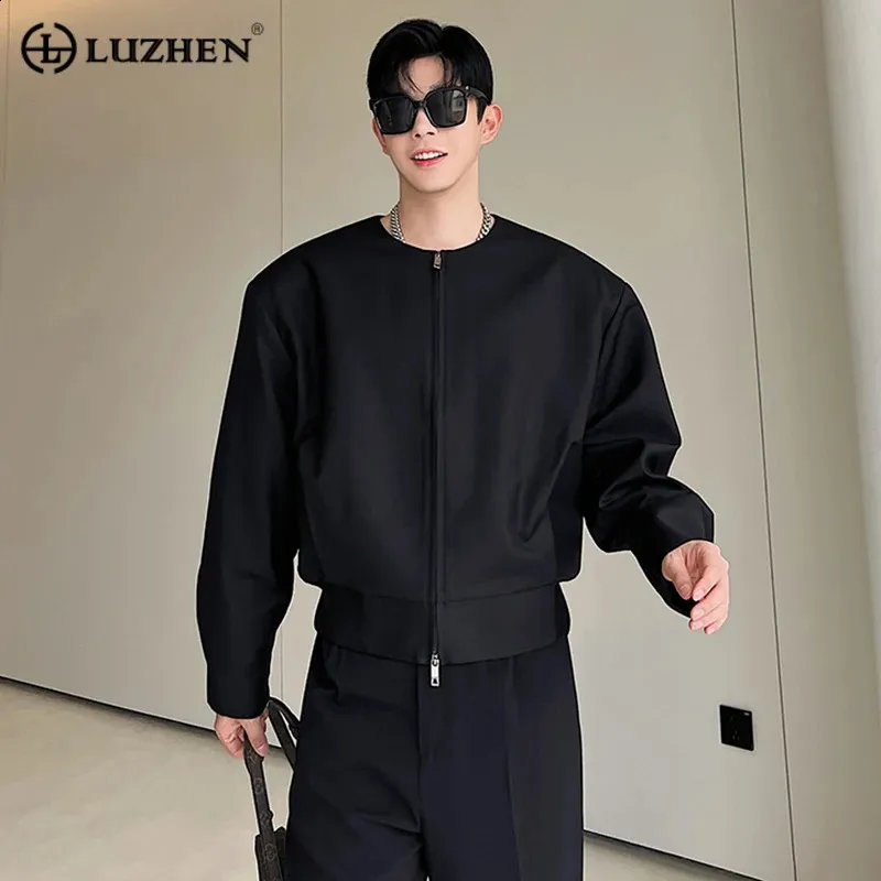 LUZHEN Men Short Collarless Jacket with Double Zipper for Spring LUZHEN Men Short Collarless Jacket with Double Zipper for Spring