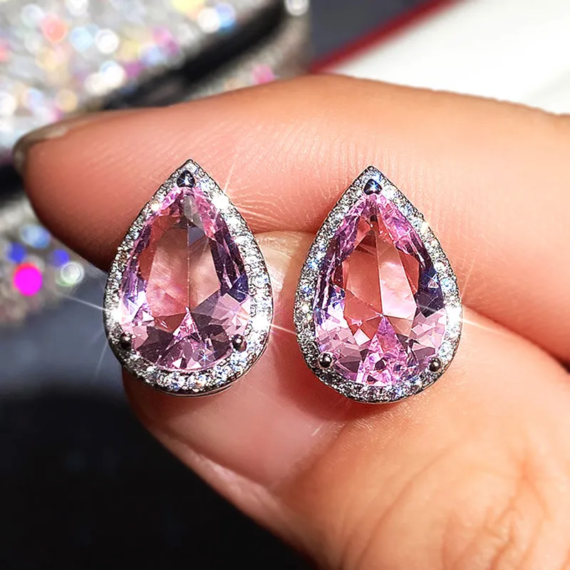 Klassische Wassertropfen Ohrstecker Mit Rosa Zirkonia Silber 925_voghion.com