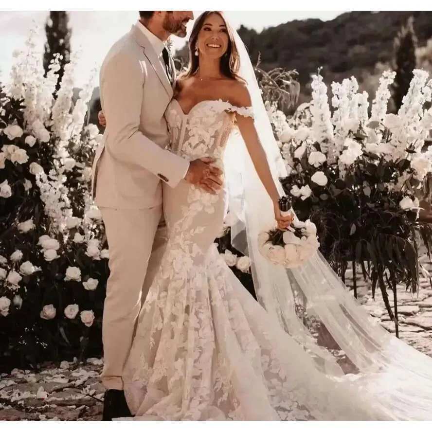 vintage lace wedding dress off the shoulder Ruth Off Shoulder Flowy Lace Wedding Gown | Romantic Earth