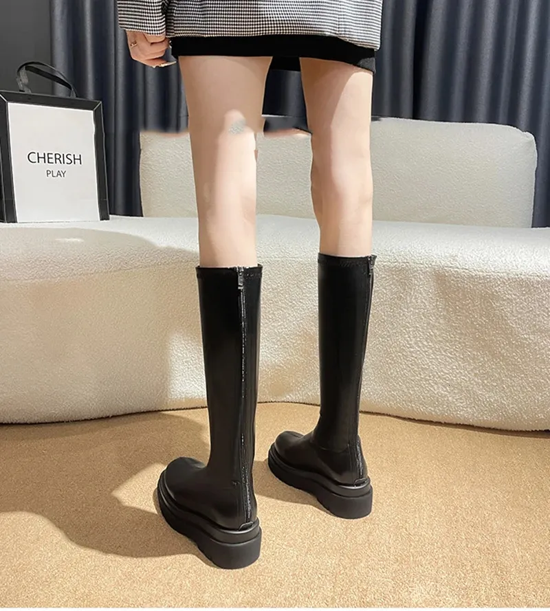 Damen Kniehohe Plateaustiefel Mit Absatz Warme Gefütterte Stiefel_voghion.com