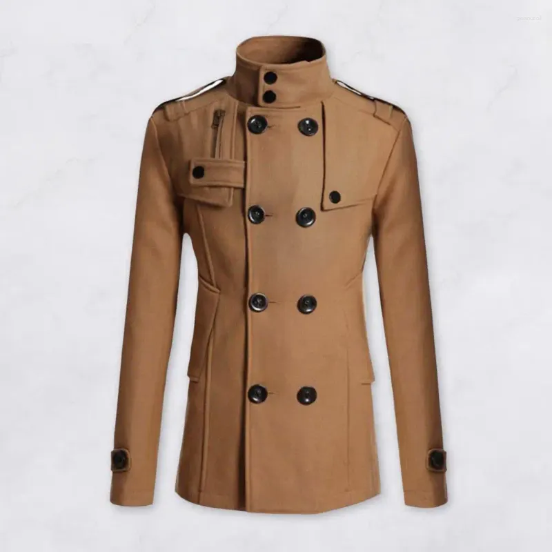 Mens Trench Coats Men Woolen Coat Stand Collar Long Sleeve