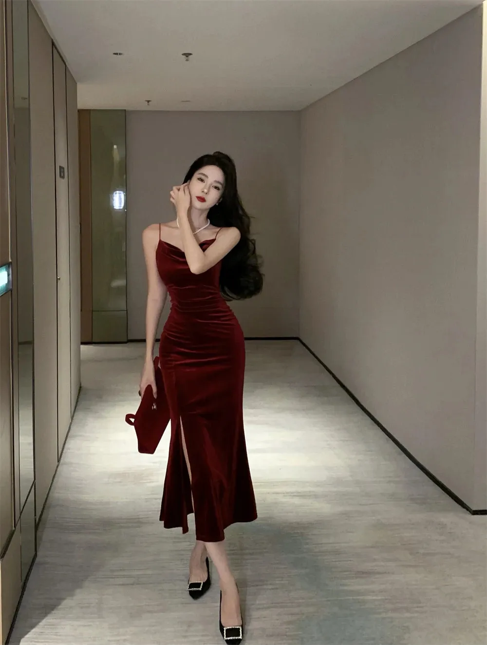 open lace back dress Backless Red Chiffon Slit Maxi Dress Red / US 2 main image 1