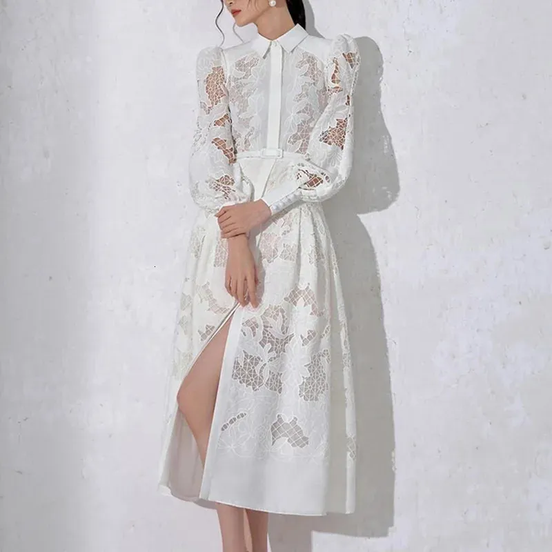 Luxury Women Lace Embroidery Dress Spring Summer Long Sleeve White Wedding Evening Party Hollow Out Vestido Dresses White / M