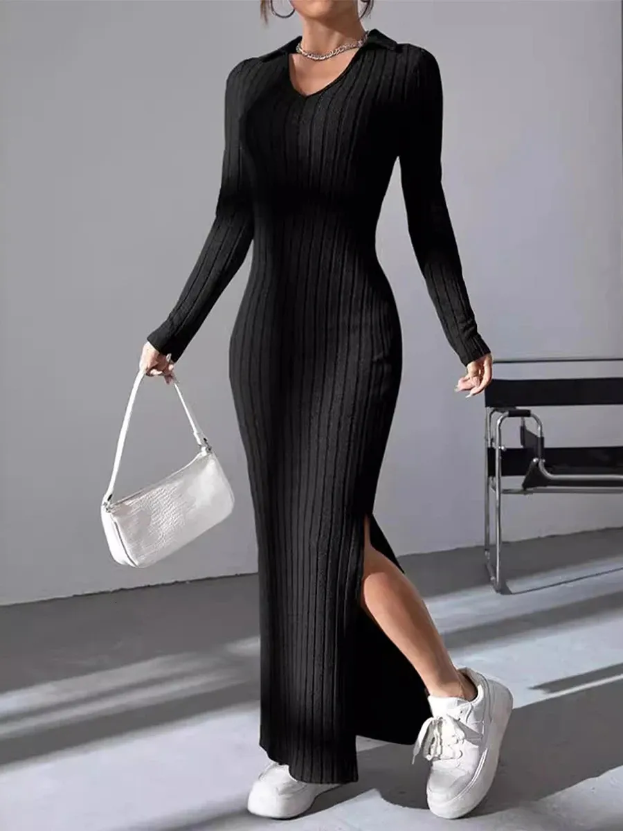 knee length dresses for ladies PRETTYGARDEN Women's Fall Fashion Long Sleeve Maxi Dress Ribbed Knit B main image 1