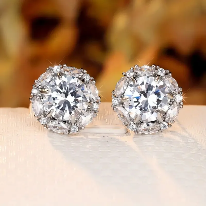 Women Fashion Zircon Round Luxury 925 Sterling Silver Diamond Classic Sapphire Crystal Stud Earrings Wedding Jewelry_voghion.com