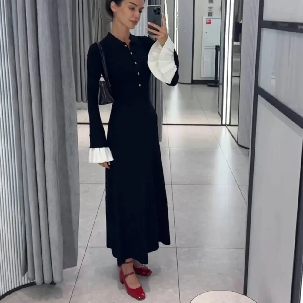 Autumn Winter Sweater Dress Women - Slim Fit Long Sleeve Knitted Maxi Dress  - Casual Elegant Patchwork Party Dress in Black