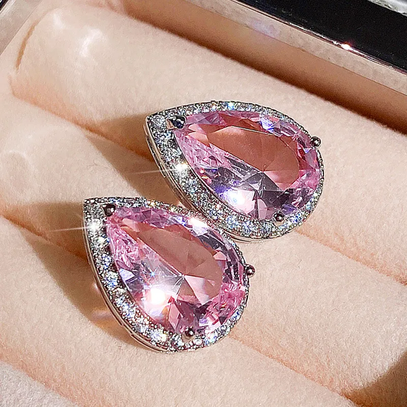 Luxuriöse Ohrringe aus 925er Sterlingsilber mit Diamanten, klassischem Wassertropfen-Design und rosa Zirkonia, funkelnde Kristall-Ohrstecker, Schmuck für Hochzeiten und Partys_voghion.com