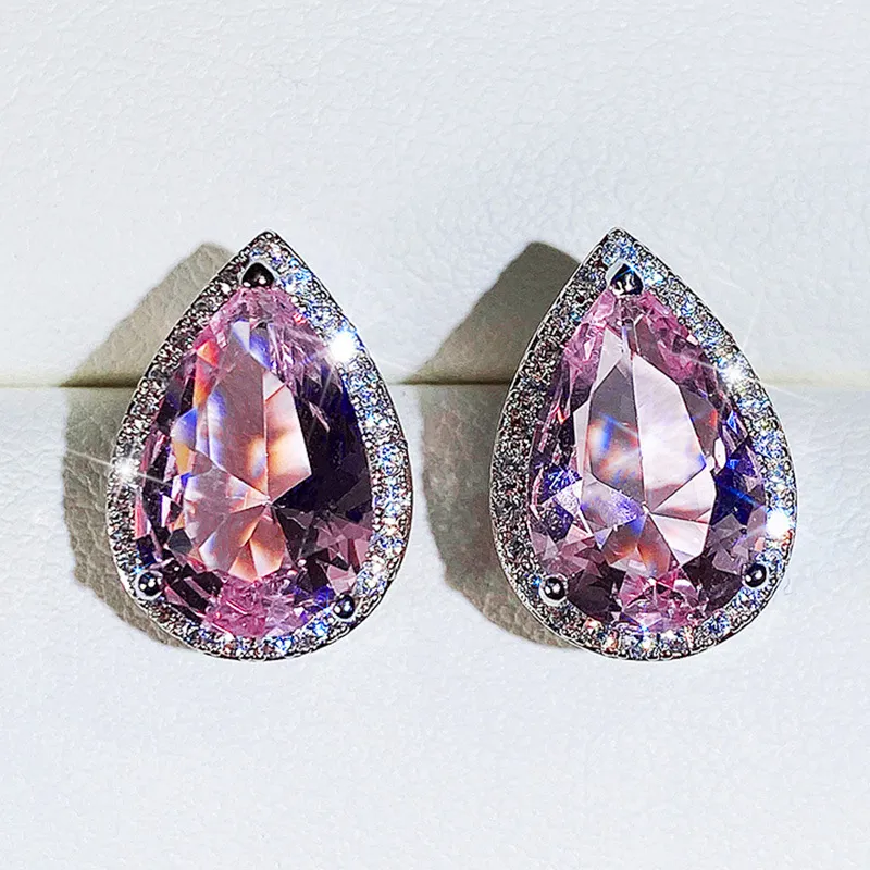 Luxuriöse Ohrringe aus 925er Sterlingsilber mit Diamanten, klassischem Wassertropfen-Design und rosa Zirkonia, funkelnde Kristall-Ohrstecker, Schmuck für Hochzeiten und Partys_voghion.com