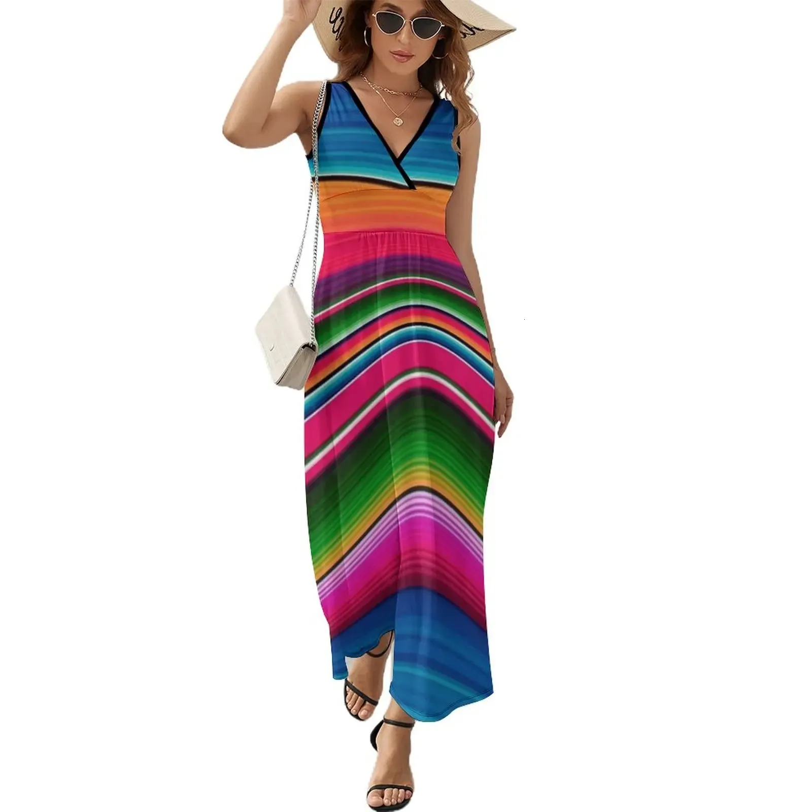 Striped Mexican Festival Summer Maxi Dress - Sleeveless, Long, Perfect for Summer Evening Events (241010)