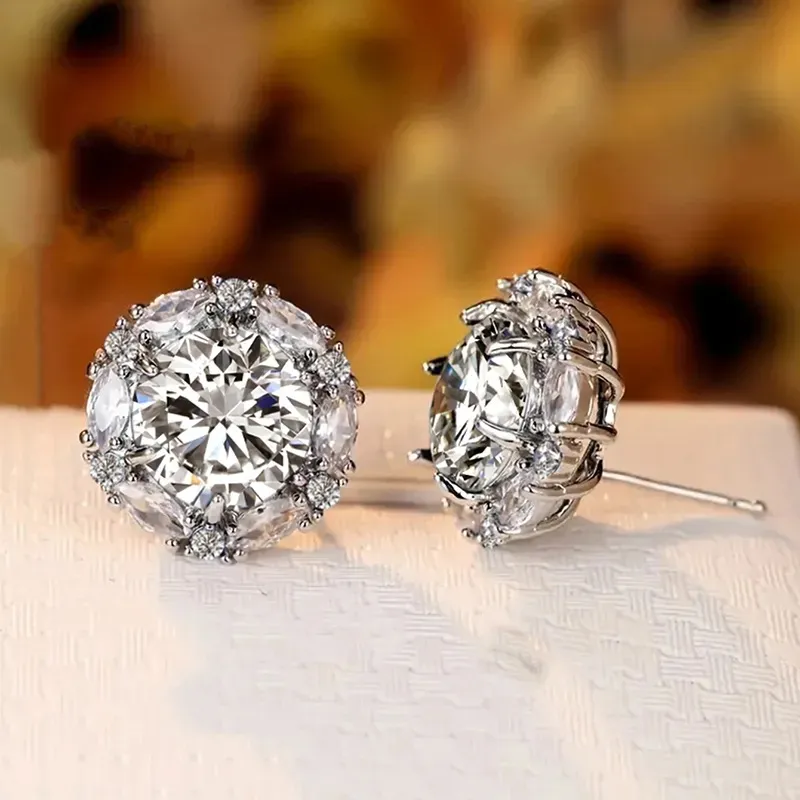 Women Fashion Zircon Round Luxury 925 Sterling Silver Diamond Classic Sapphire Crystal Stud Earrings Wedding Jewelry_voghion.com