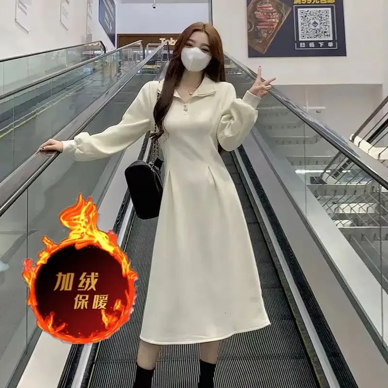 Fully Matched Women's A-line Ski White sweater dress with Wool Zipper, Solid Color Polo Neckline, and Long Sleeves for Autumn and Winter Fashion ( Fully Matched Women's A-line Ski White sweater dress with Wool Zipper, Solid Color Polo Neckline, and Long Sleeves for Autumn and Winter Fashion (