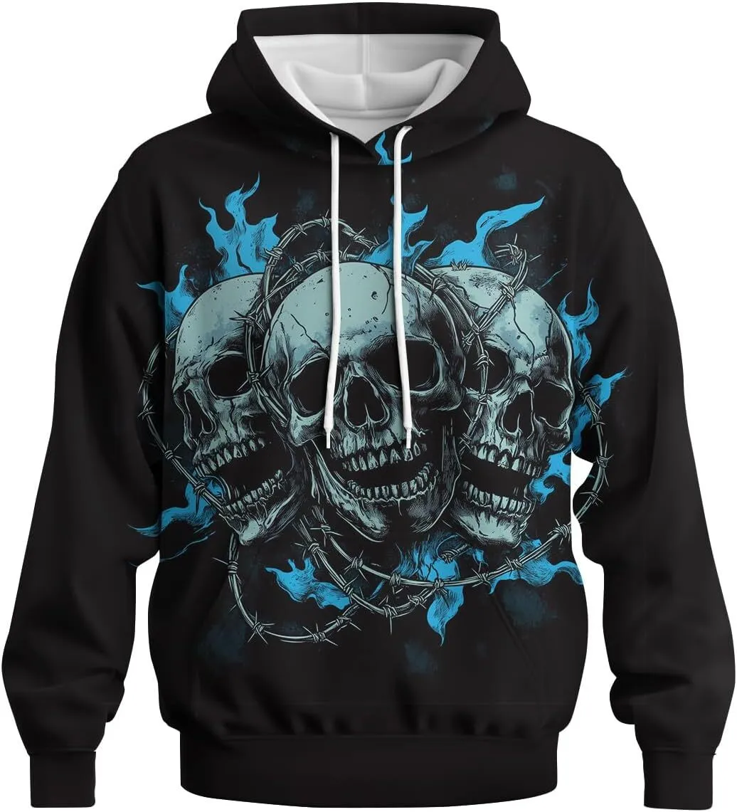 Men's Skull Printed Black Cotton Razorcut Long Hood Jacket Festival Goth Hoodie