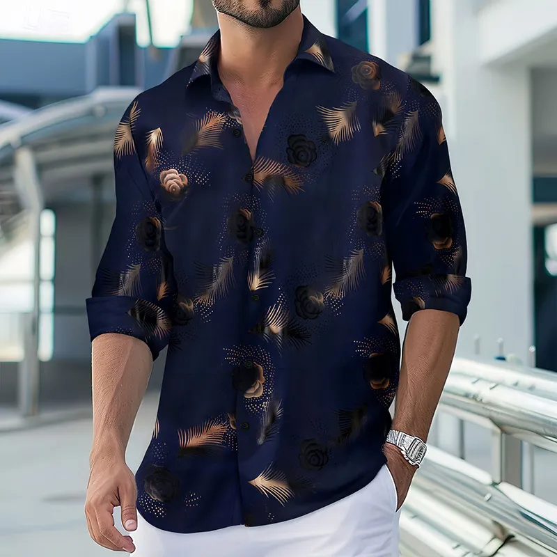 New Men Hawaiian Shirt Black White Male Long Sleeve Shirts Casual