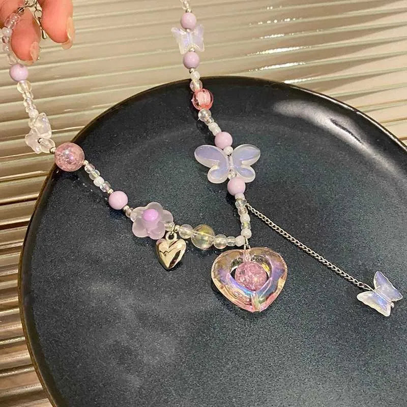 Gothic Heart Butterfly Pendant Necklace Clavicle Chain for