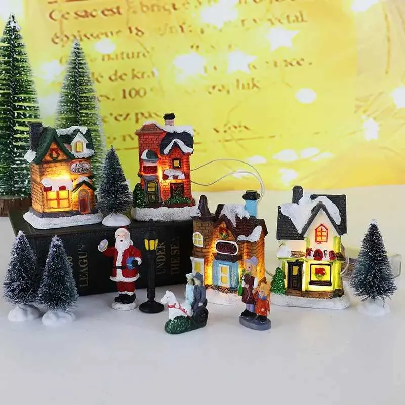 LED Resin Christmas Village Ornament Set - Santa, Pine Trees, Snow