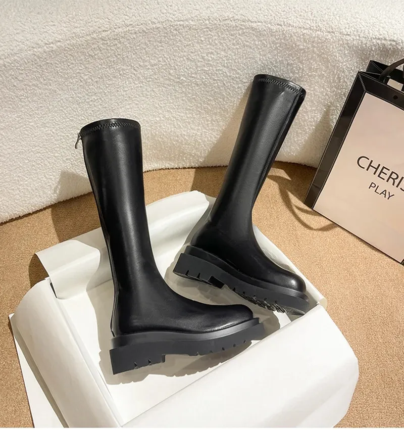 Damen Kniehohe Plateaustiefel Mit Absatz Warme Gefütterte Stiefel_voghion.com