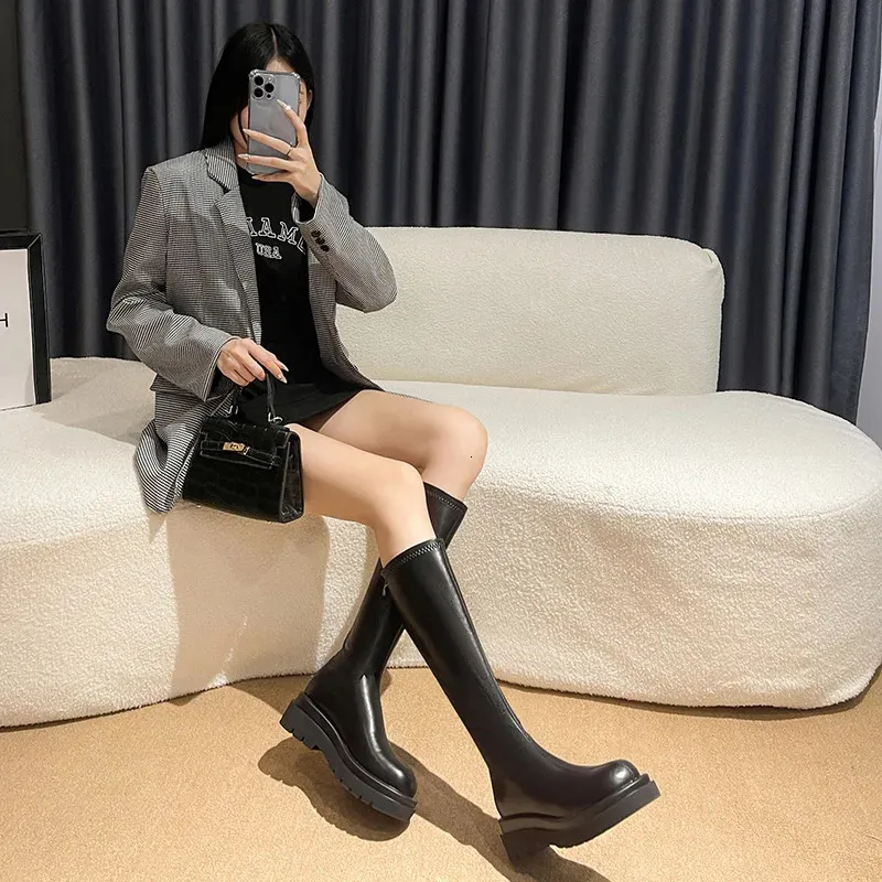 Plateau-Stiefel für Damen, kniehoch, modisch, bequem, warm gefüttert, Herbst/Winter, lange Stiefeletten, Modell 240929_voghion.com
