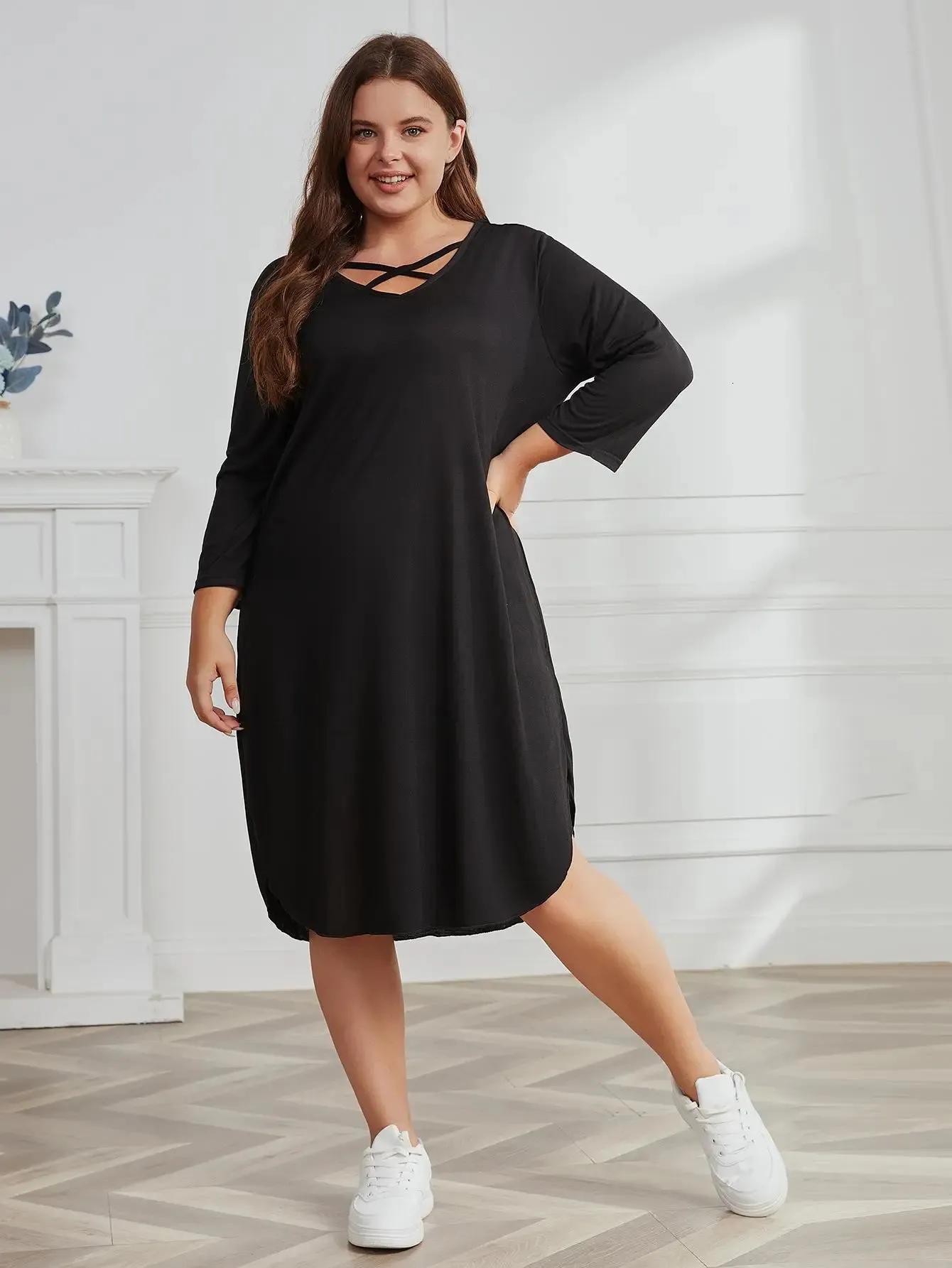plus size black casual dresses Jersey Short Dress | Black Shift Dress with Sleeves
