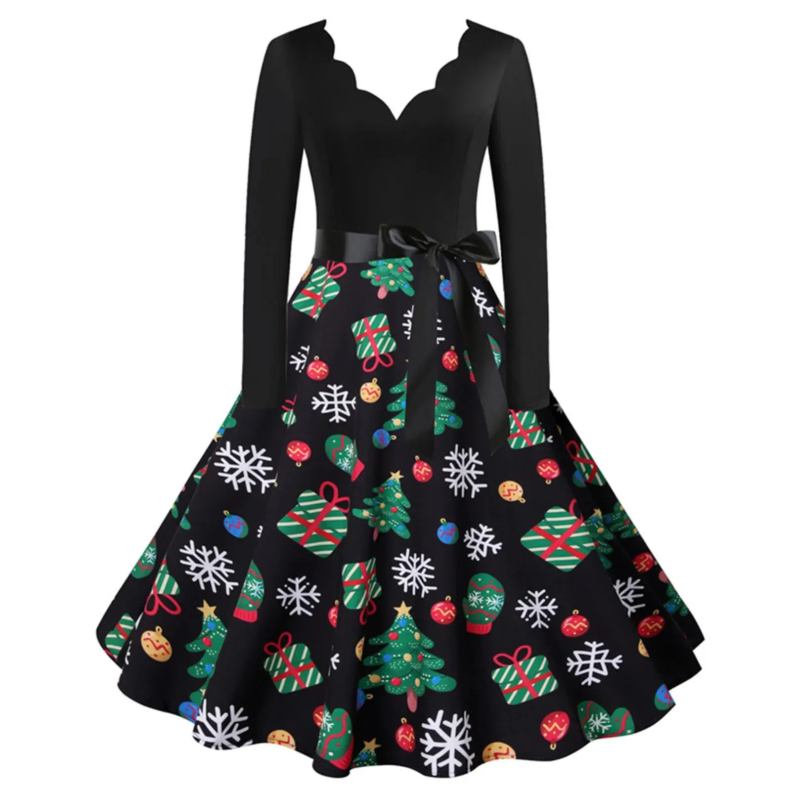 Vintage Black Christmas Print Swing Robe Women's Dress
