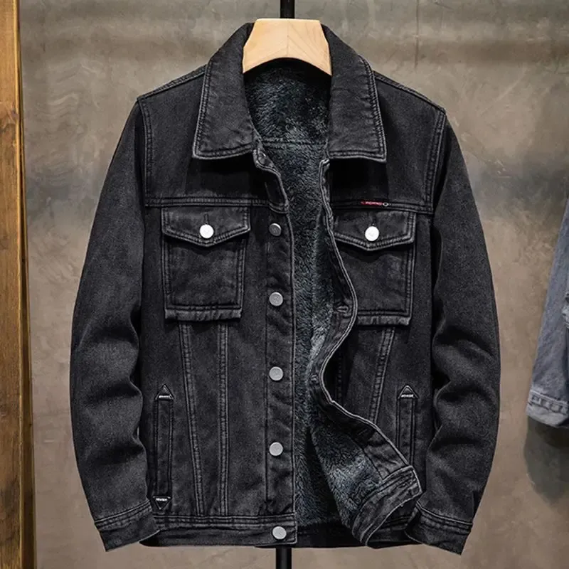 Mens Denim Jacket Outerwear Oversized Warm Black Jean Coat Casual