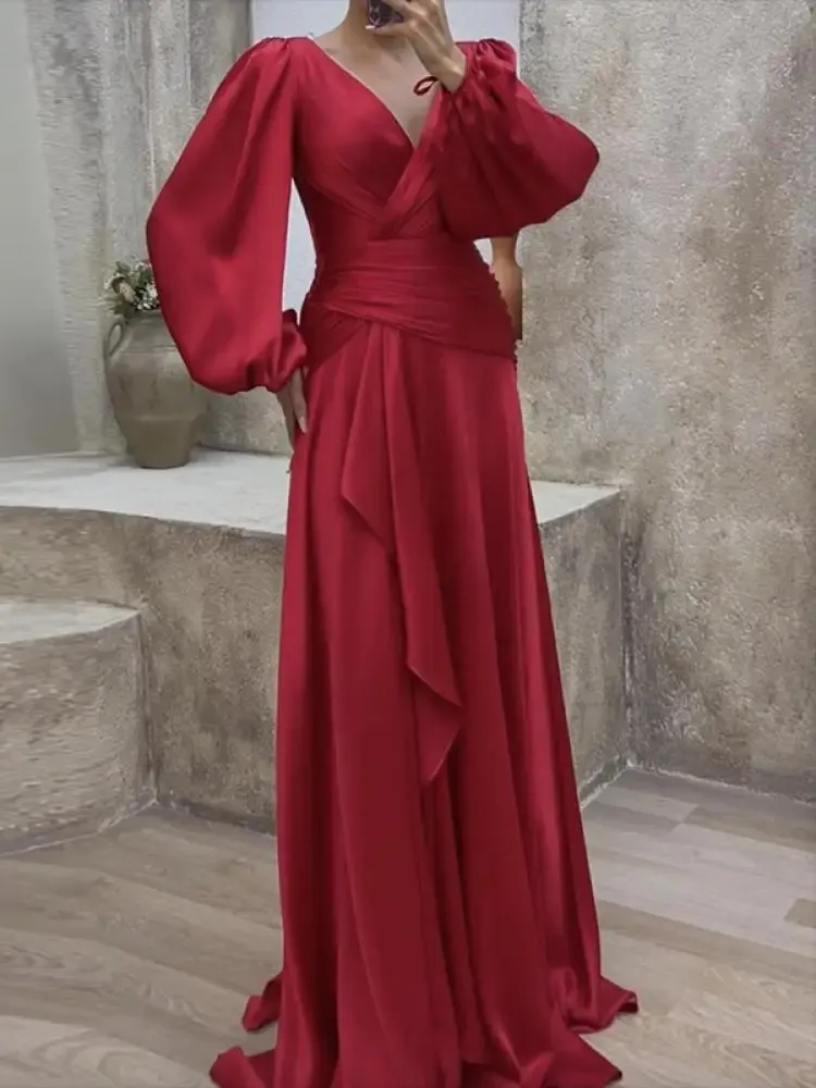Yeezzi Elegant Pleated A-Line Purple Long Dress Formal for Women - Solid Color, Sleeves, Perfect for Prom, Evening Parties - Style 241009