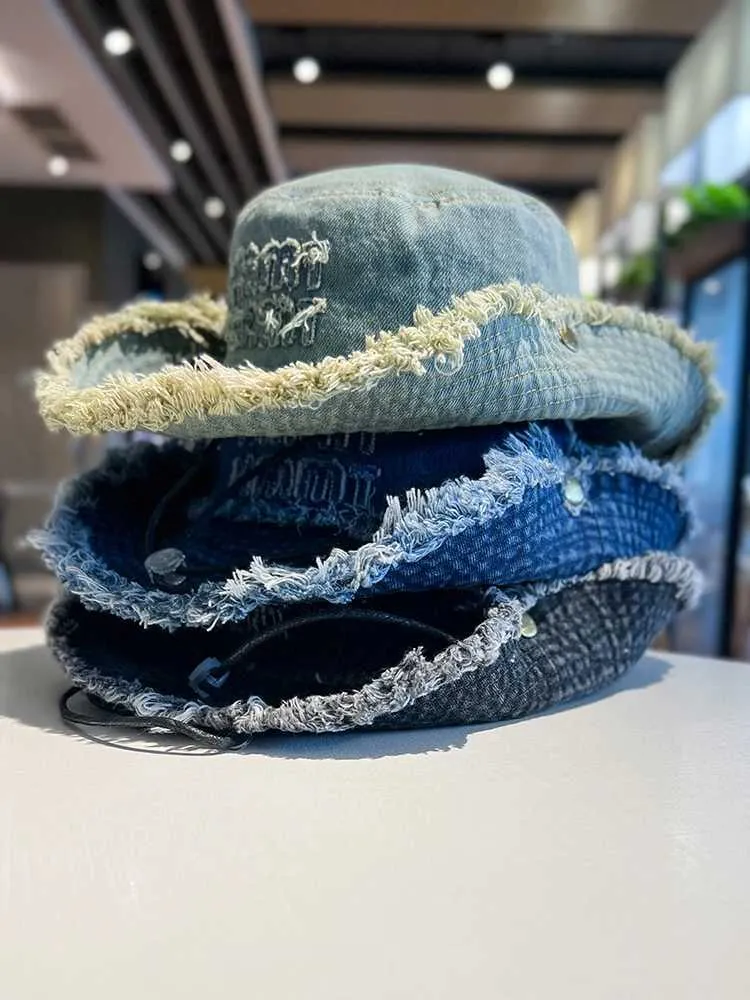 Distressed Denim Wide Brim Hat Women Men Denim Bucket Hats Cap Frayed Distressed Jean Sun  main image 2