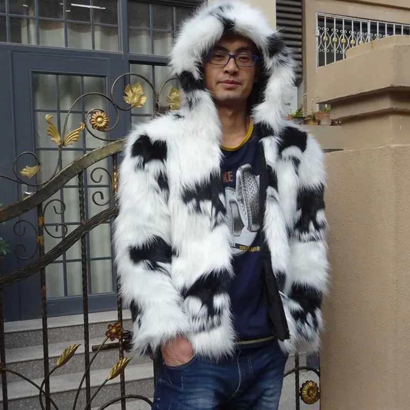 Abrigo Con Capucha De Piel De Zorro Para Hombres Con Patrón De
