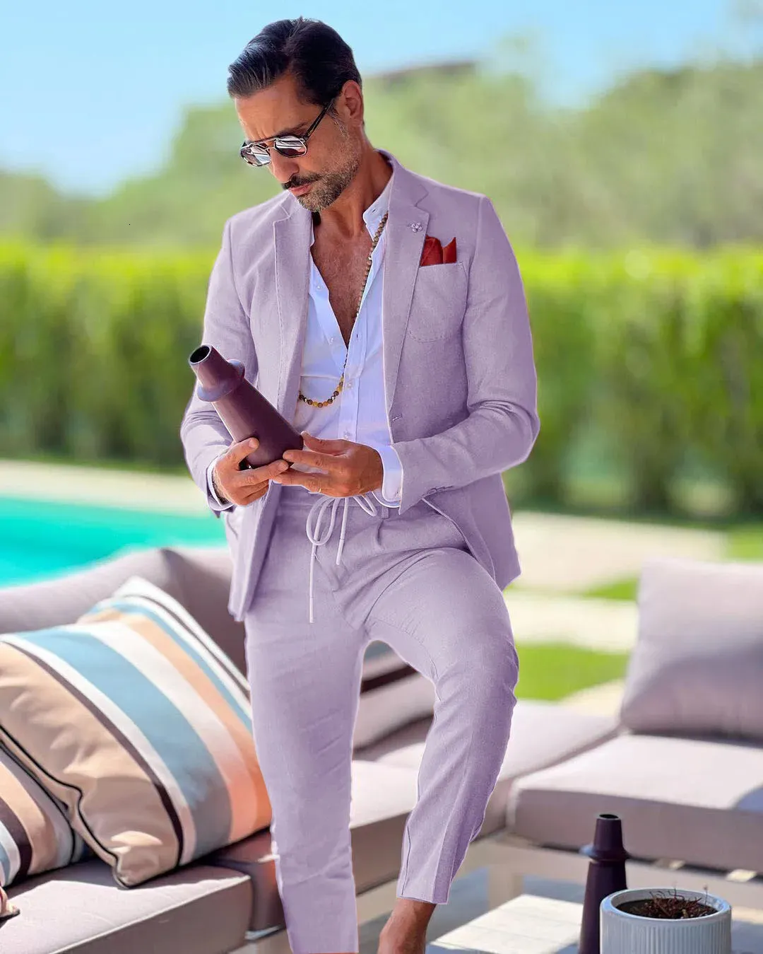 Linen Single Breasted Men's Suit Two-Piece Summer Jacket Pants