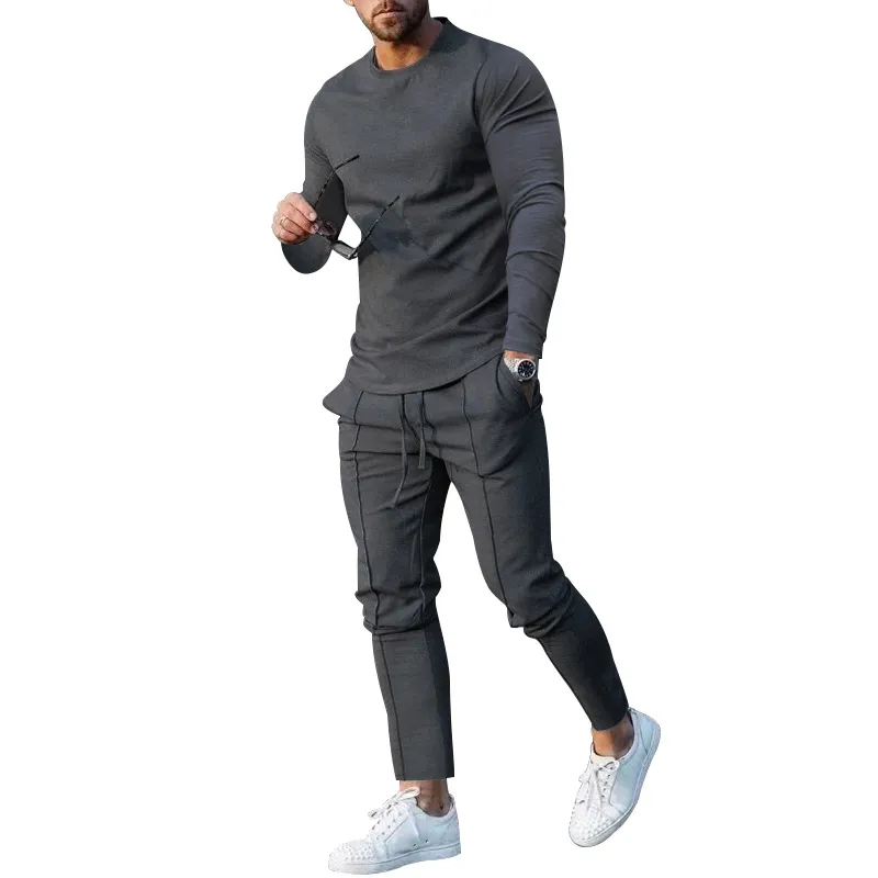 Mens Fall Suit Loose Crew Neck Long Sleeve T Pants Two Piece Sets