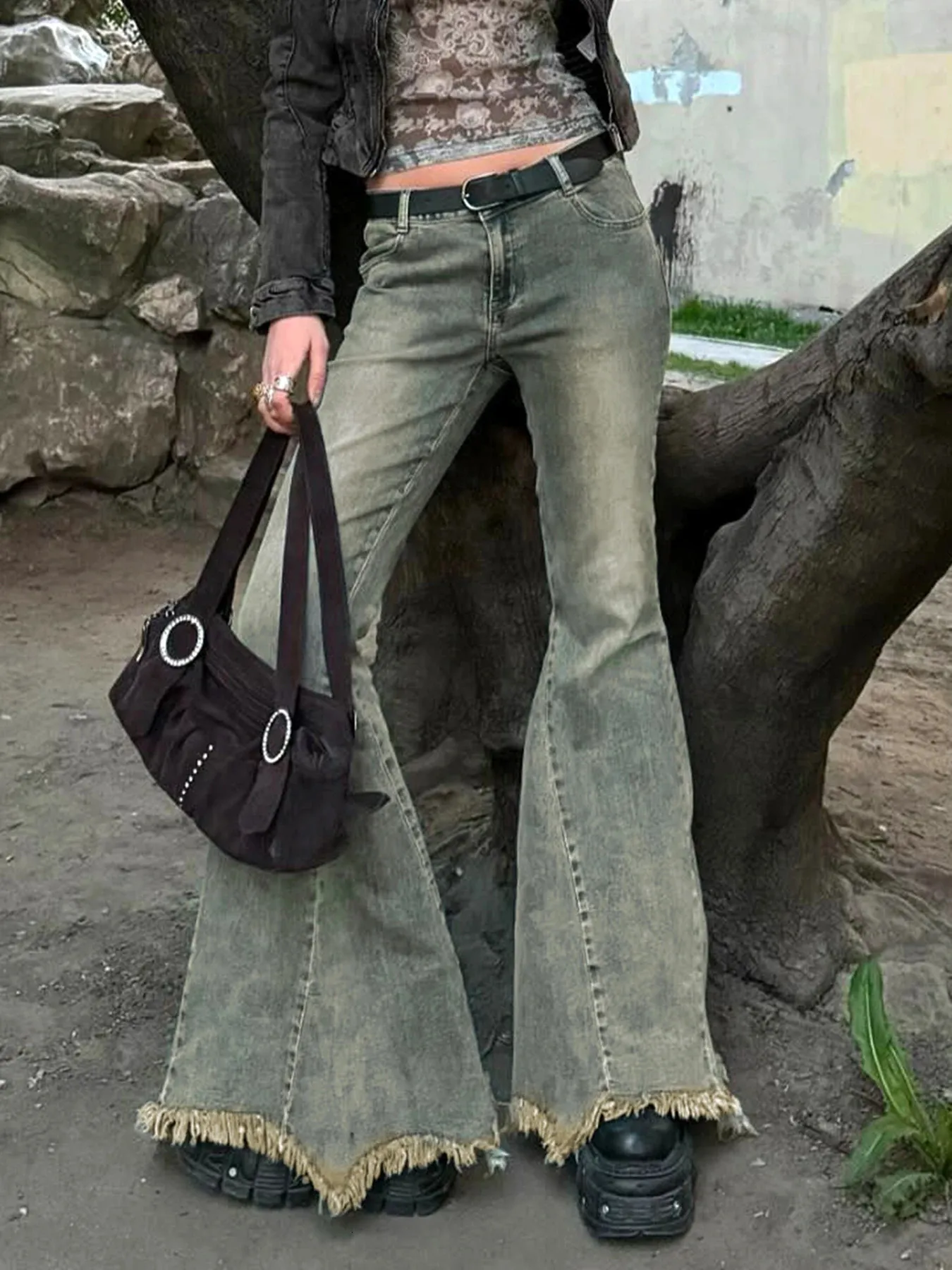 Women's Distressed Y2K Low Rise Flared Jeans - Vintage 2000s Boot Cut Denim Pants, Korean Fashion, Harajuku Style Women's Distressed Y2K Low Rise Flared Jeans - Vintage 2000s Boot Cut Denim Pants, Korean Fashion, Harajuku Style