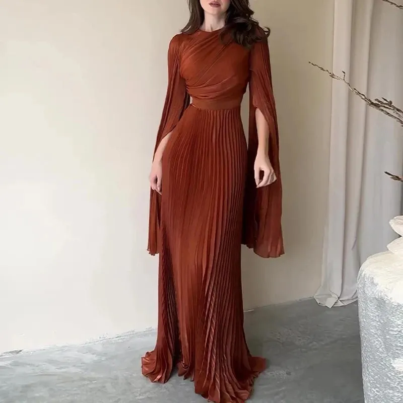 2024 Autumn Elegant High-Waisted Pleated Chiara Boni Melania Dress for Women - Solid Color, Slim Fit, One-ck Long Sleeve, Perfect for Parties (Style #