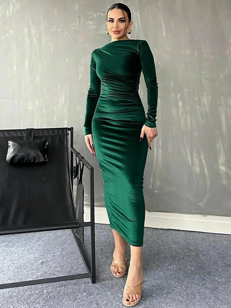 chinese dress ladies Luisa Teal Sparkly Long Sleeve Ruched Bodycon Midi Dress – Get That Trend main image 0