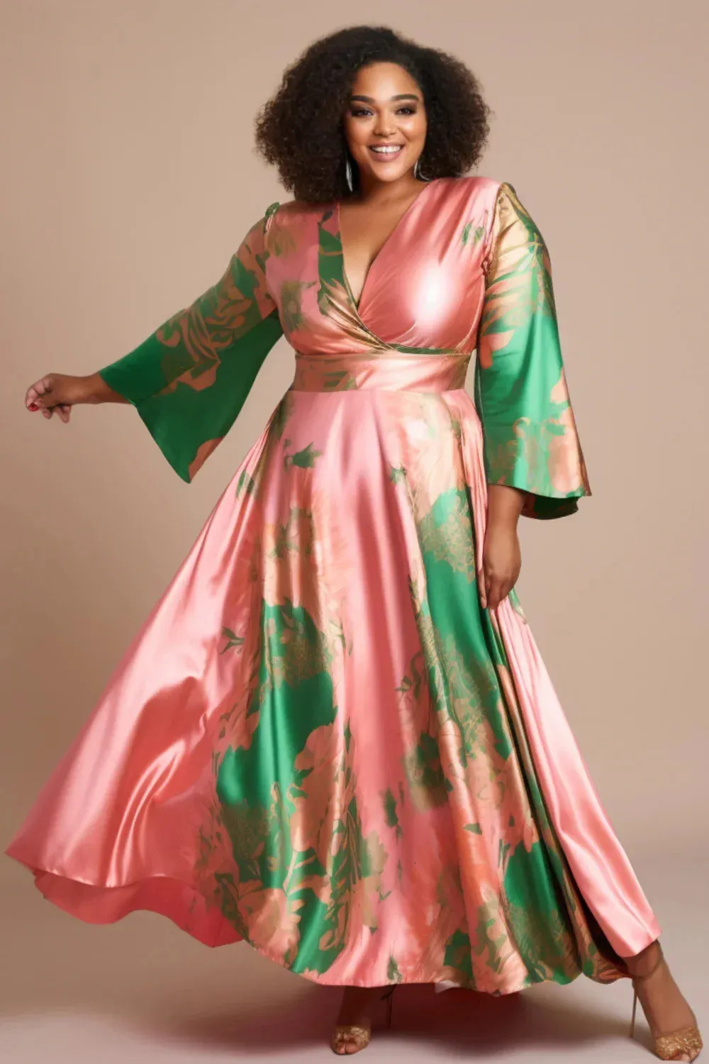 Save Big on Bulk Plus Size Maxi Velvet Dress Plus Size Floral Maxi Dresses,  Women's Plus Size Satin V Neck Maxi Dress Elegant Pink Colorblock Flare